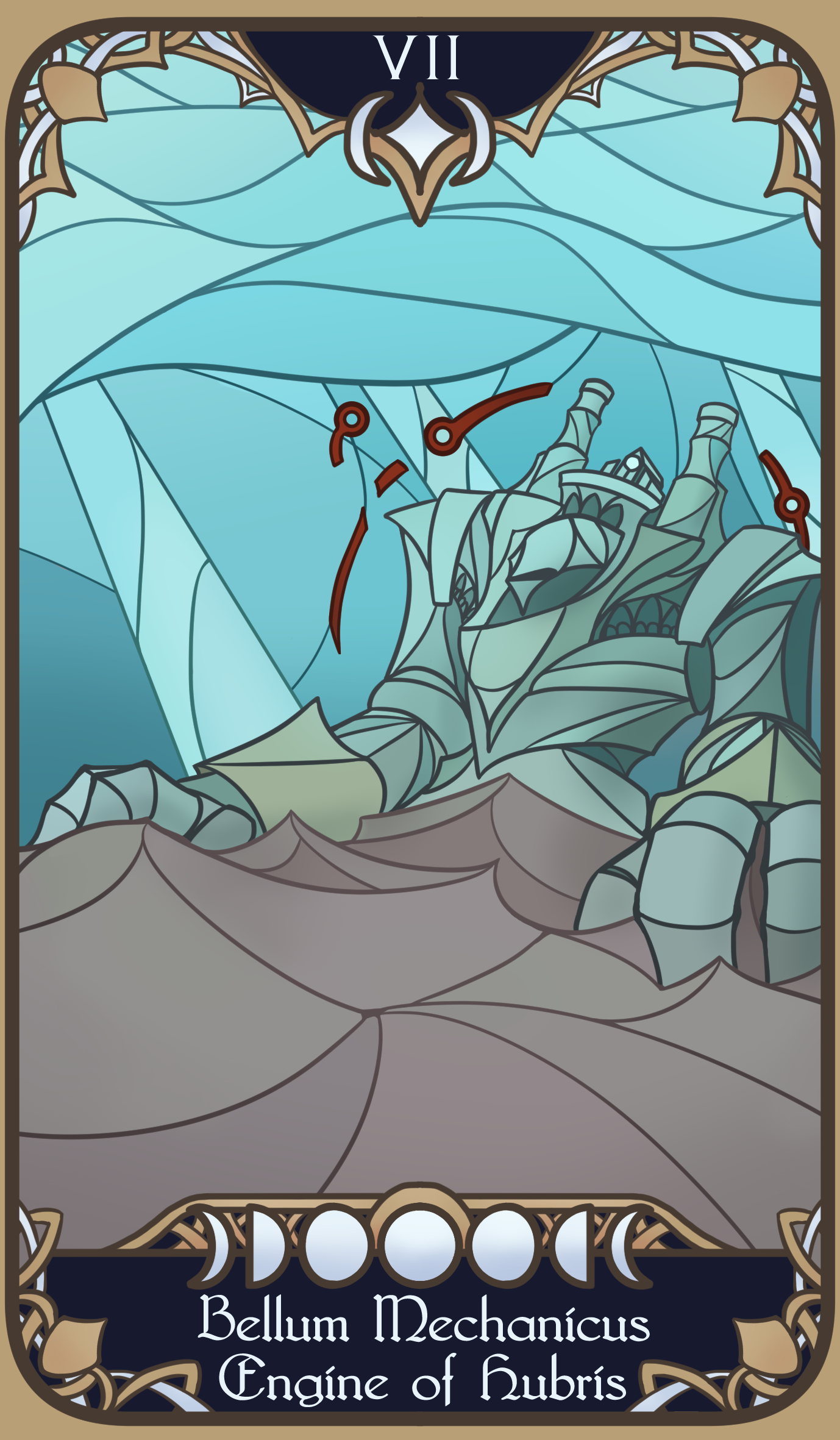 A tarot-inspired card for my homebrew D&D campaign, representing the man-made deity 'Bellum Mechanicus', the engine of hubris.